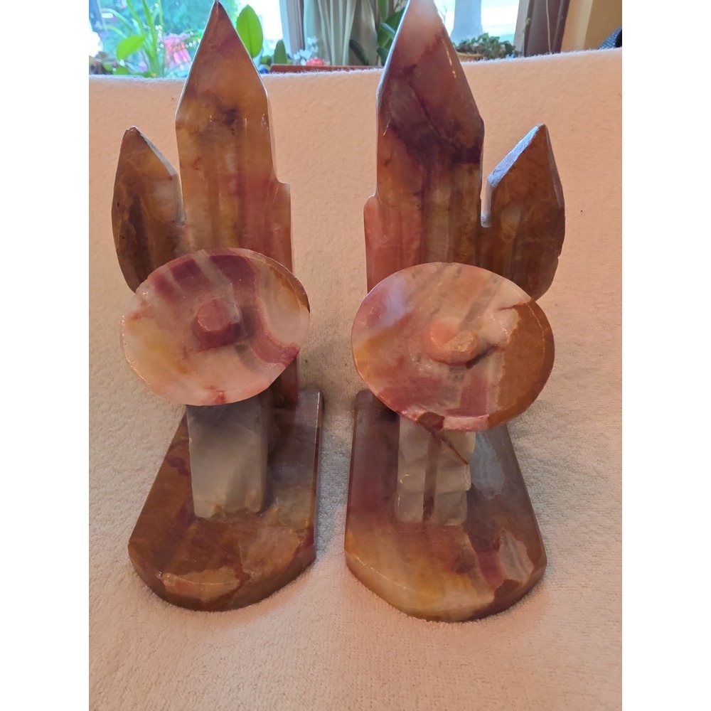 Vintage Onyx Marble Alabaster Mexican Siesta Cactus Book Ends Large 6 3/4" tall - Picture 2 of 5